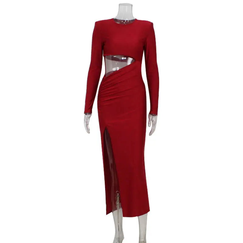 Elegant Women round Neck Long Sleeve Hollow Out Cutout out Split Red Retro Slim Fit Sexy Dress Bella Mia
