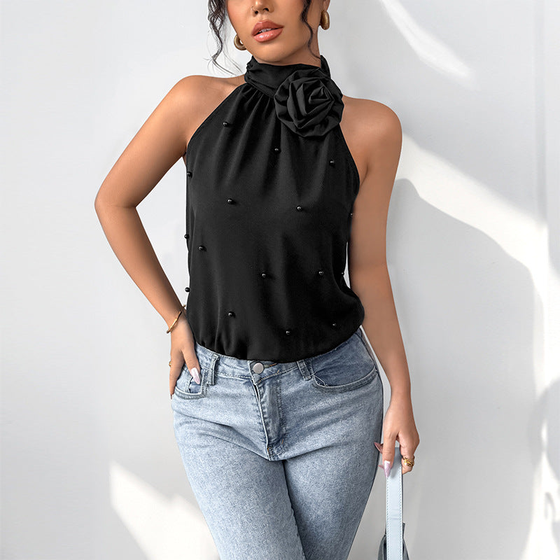 Summer Halter Jumpsuit Office Jumpsuit Floral Three Dimensional Decoration Jumpsuit