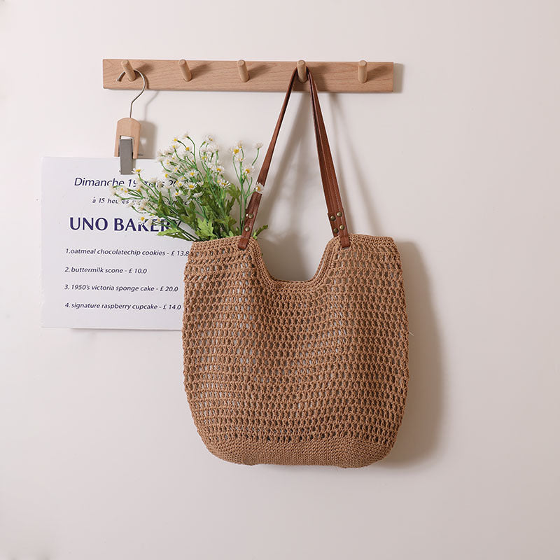 Casual Hollow Out Cutout Shoulder Cotton Thread Woven Bag Lazy Wind Portable Straw Weaved Bag Seaside Vacation Beach Bag Women Bag Bella Mia