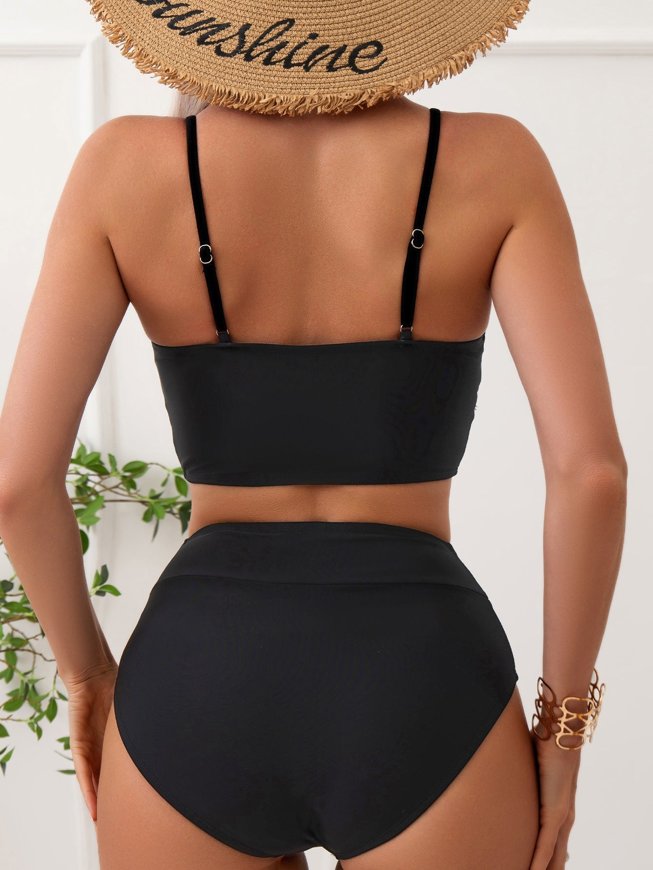 Bikini Solid Color Deep V Plunge Neck Backless Sexy Bikini Split Swimsuit Swimwear Bella Mia