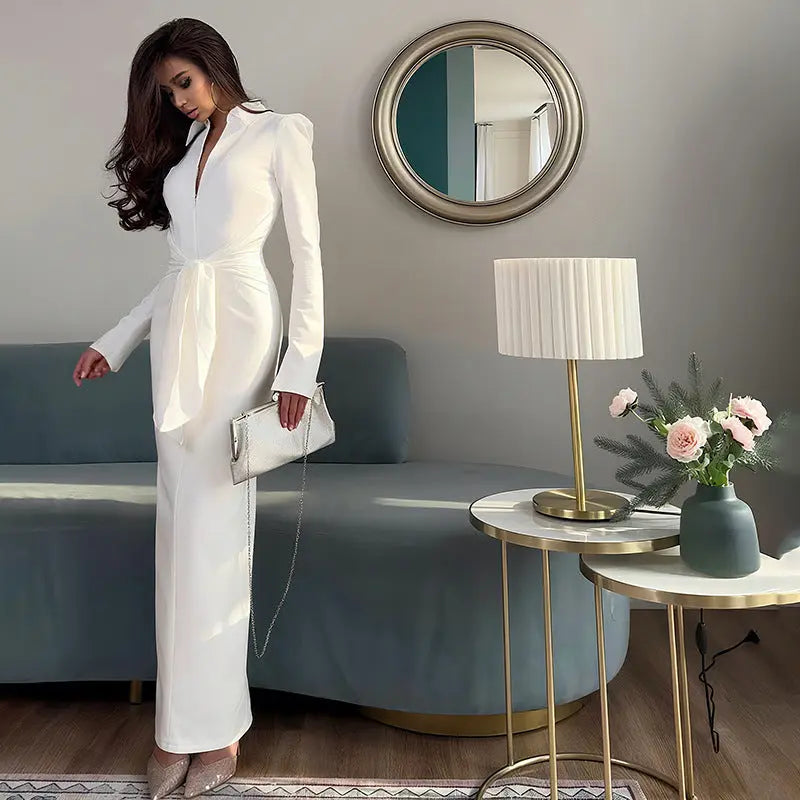 Fall Women Clothing Solid Color Collared Waist Tight Slim Fit Lace up Long Sleeve Zipper Dress Bella Mia