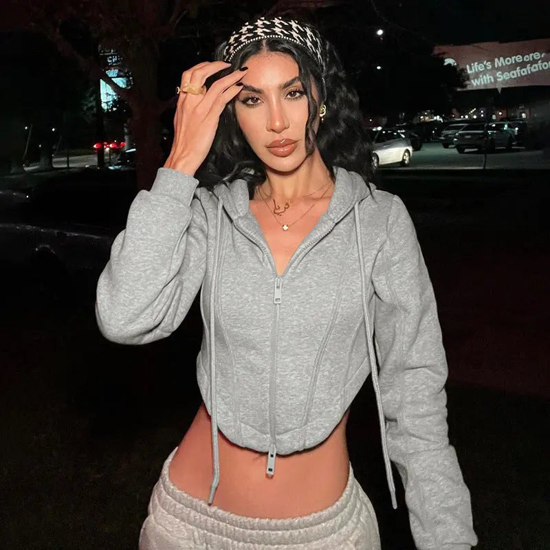 Women Clothing Fall Solid Color Short Zipper Cardigan Hoodie Coat Bella Mia