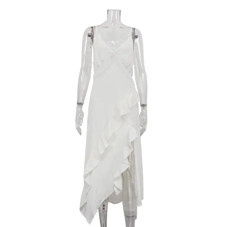 French Design Irregular Asymmetric Hem Backless Sexy Dress Women Lace Stitching Sleeveless Cami Dress Bella Mia