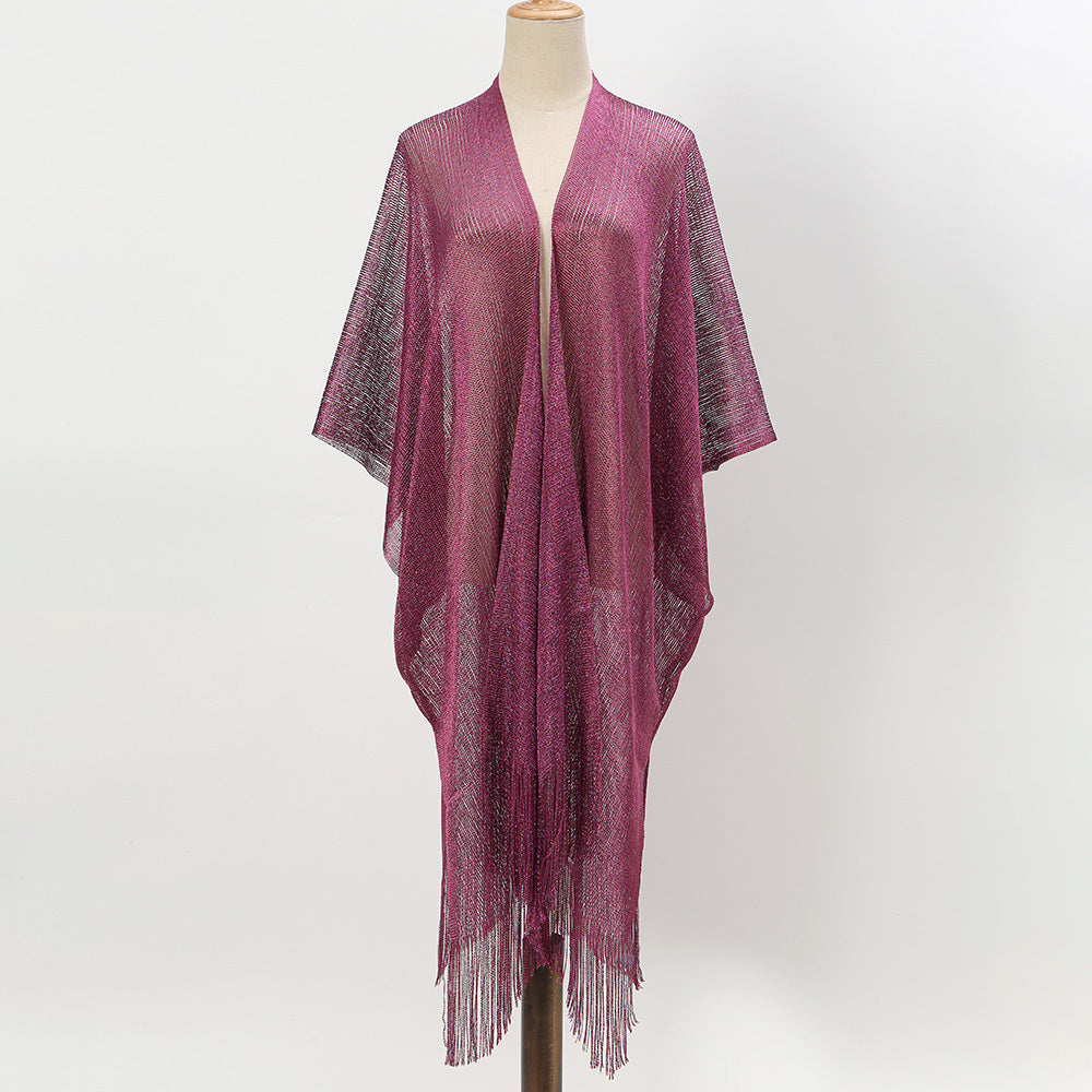 Beach Solid Color Sun Proof Tassel Knitting Beach Cover Up Sweater Shawl Cardigan Bella Mia