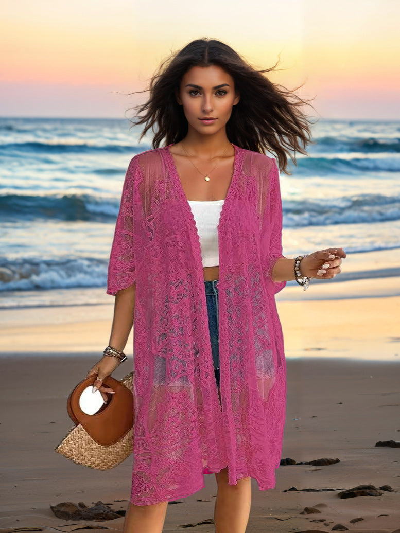 Women's Clothing Sexy See through Water Soluble Lace Embroidered Cardigan Beach Bikini Sun Protective Blouse Bella Mia