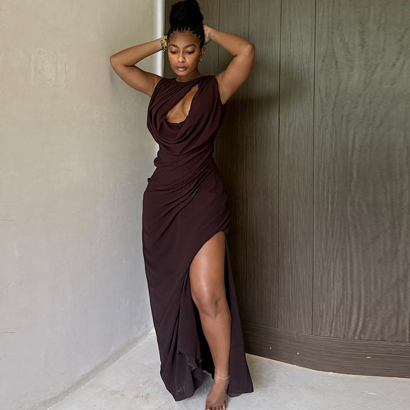 Personalized Pleated Hollow Out Cutout Solid Color Tight Crew Neck Split Maxi Dress Loose Elegant Women Clothing Bella Mia