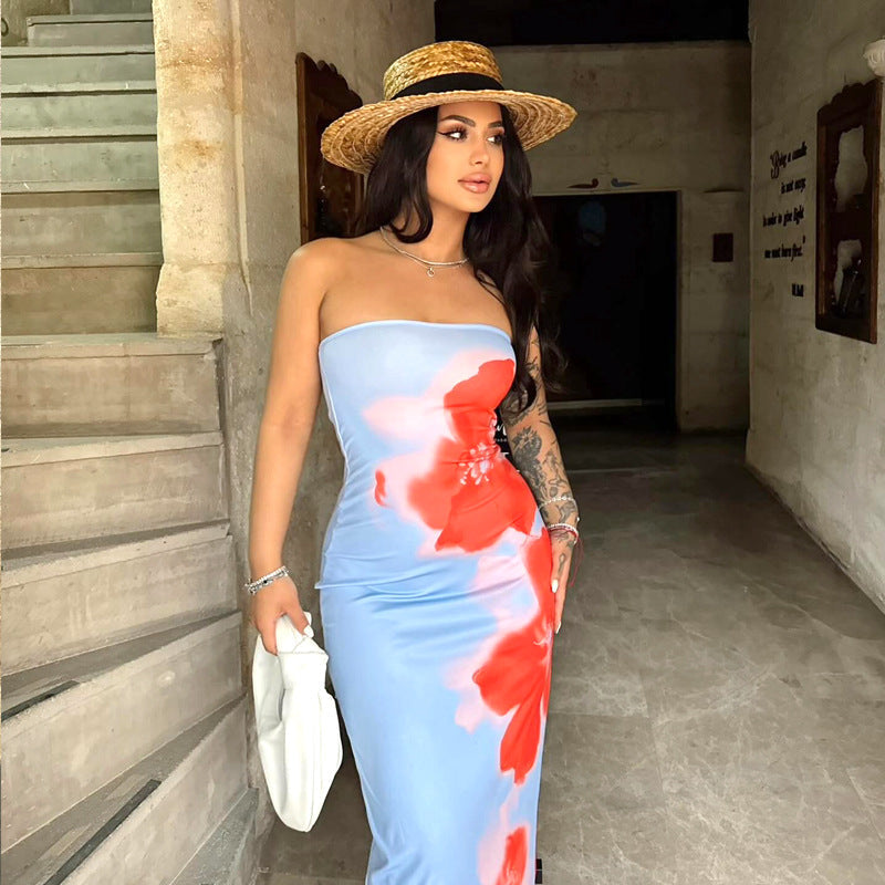 Women Clothing Summer Tube Top Floral Print Slim Fit High Waist Slit Maxi Dress Bella Mia