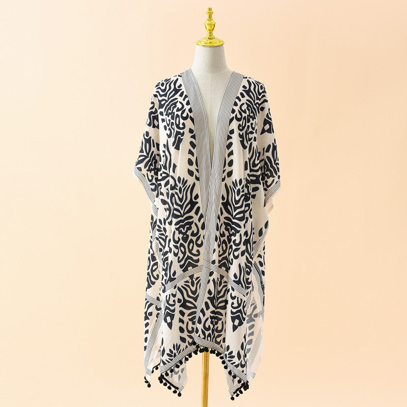 Spring Summer Striped Floral Print Pattern Chiffon Sun Protective Blouse Ball Decorative Cardigan Bella Mia