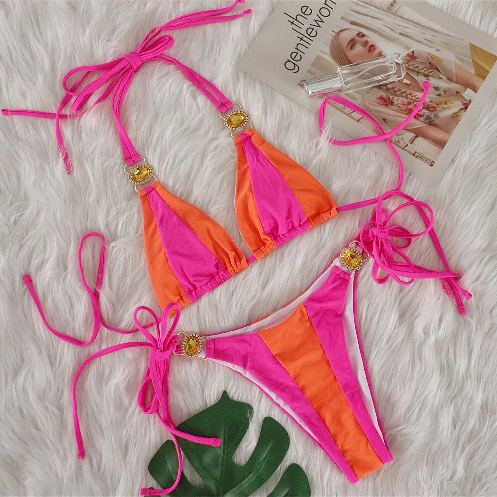 Sexy Crystal Diamond Bikini Solid Color Patchwork Bandage Swimsuit Vacation Split Women Swimsuit Bella Mia