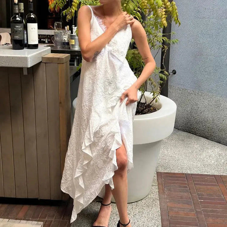 French Design Irregular Asymmetric Hem Backless Sexy Dress Women Lace Stitching Sleeveless Cami Dress Bella Mia