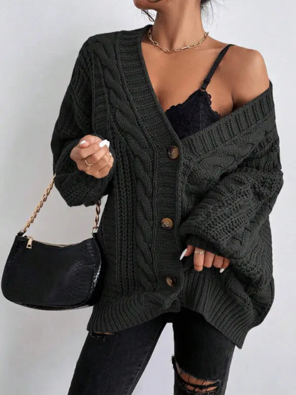 V neck Sweater Women Retro Loose Twist Lantern Sleeve Cardigan Knitted Coat Bella Mia