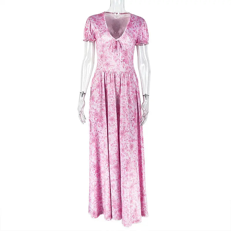 Floral A Line Maxi Dress With V Neck Puff Sleeves Ruched Pleats Bella Mia