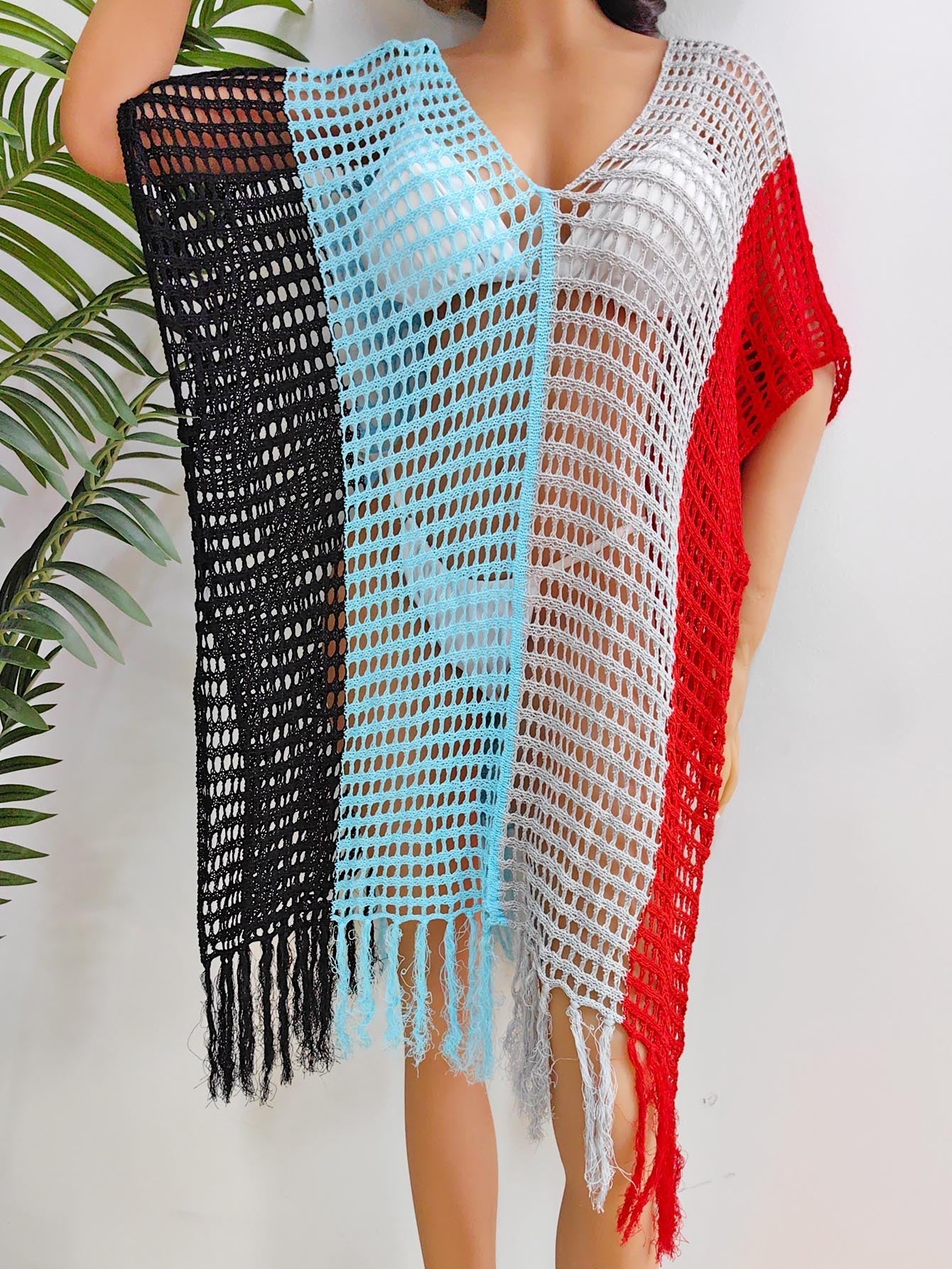 Women Beach Vacation Beach Cover Up Women Clothing Contrast Color Hollow Out Cutout Woven Shirt Sexy Dress Bella Mia