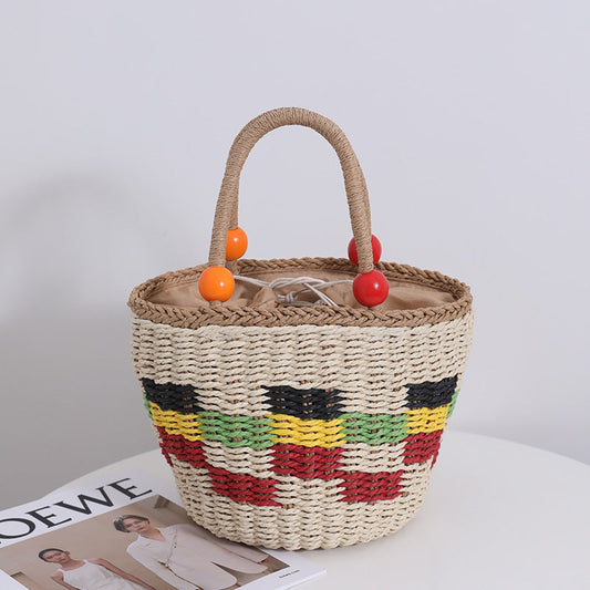 Cute Wooden Bead Portable Straw Weaved Bag Fresh Color Plaid Hand Carrying Woven Bag Fruit Picnic Basket Beach Bag Bella Mia