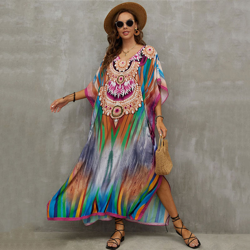Rayon Positioning Printing Beach Cover Up V Neck Robe Vacation Skirt Bikini Cover Bella Mia