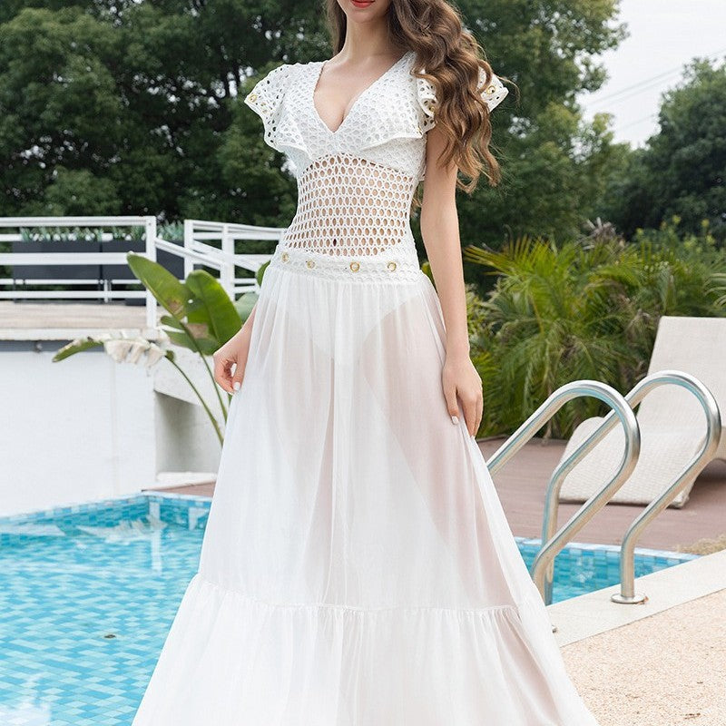 White Hollow Out Cutout out Mesh Ruffled High Grade One Piece Swimsuit Women Bella Mia