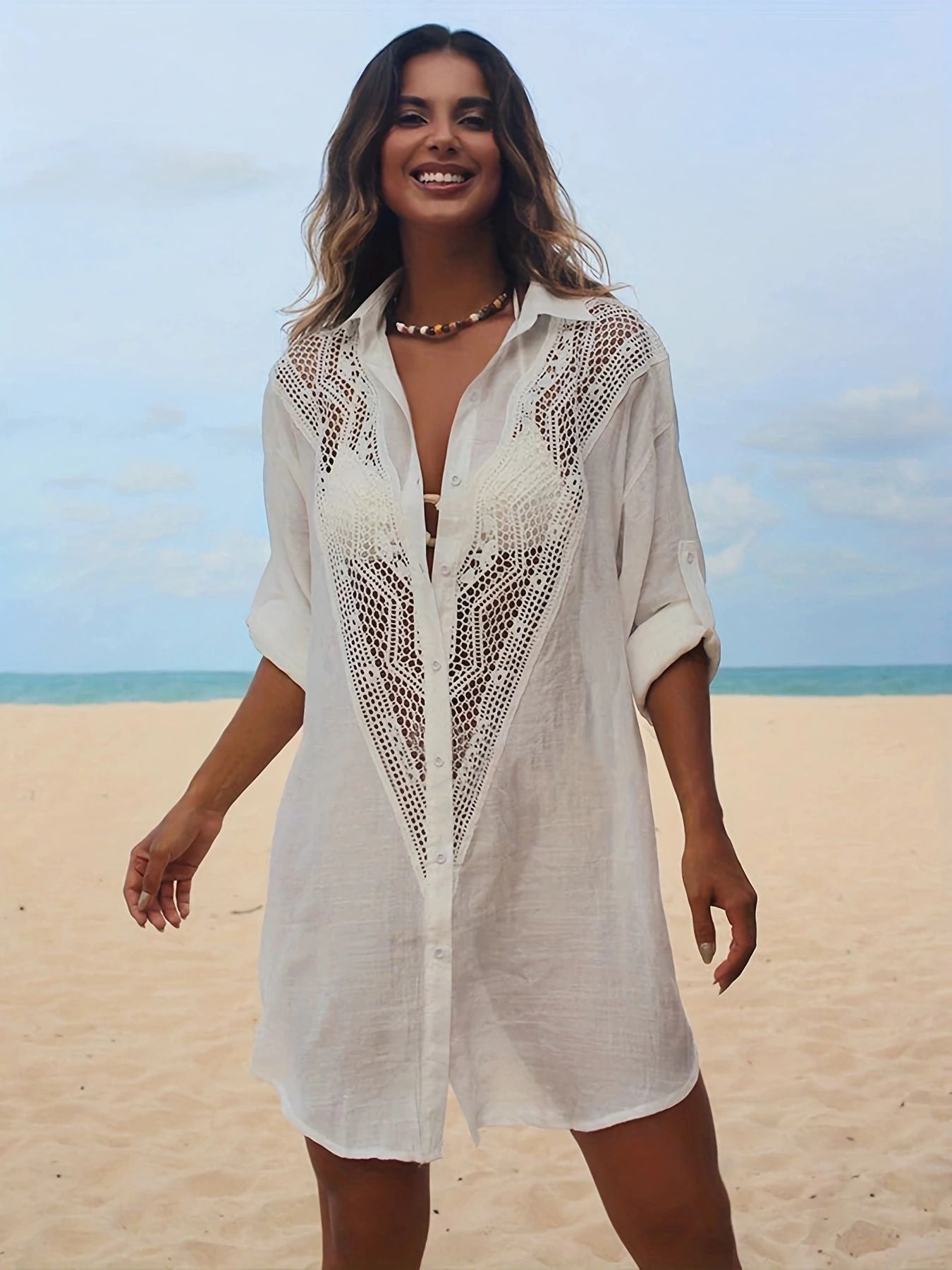 Lace Bamboo Shirt Beach Cover up Sexy Cutout Sun Protection Bikini Cover Bella Mia
