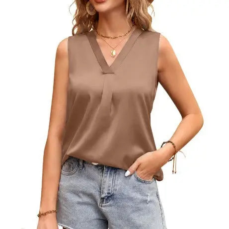 Summer Women Clothing V neck Casual Satin Sleeveless Basic Vest Shirt Bella Mia