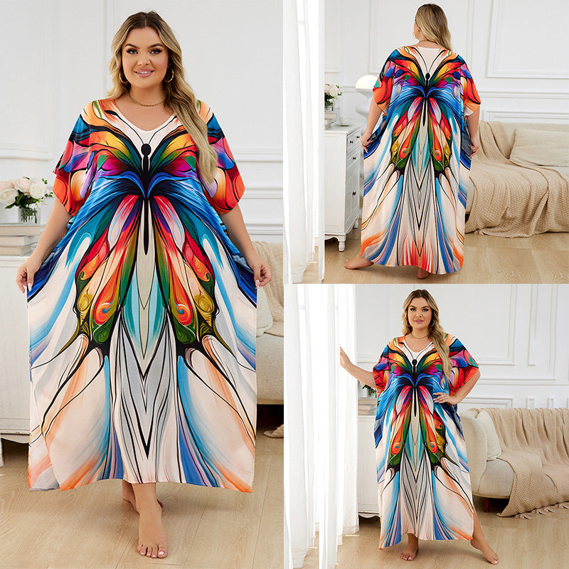 Rayon Positioning Print Holiday Loose Robe Beach Jacket Dress Bikini Cover up Blouse Bella Mia