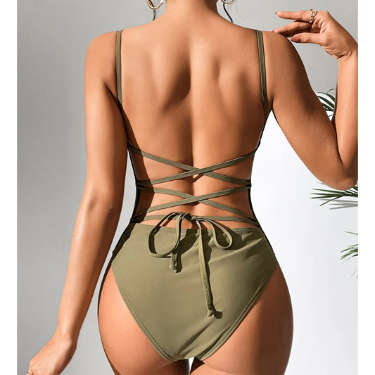 Swimsuit Solid Color Sexy Backless Lace Up One Piece Swimsuit Women Bella Mia