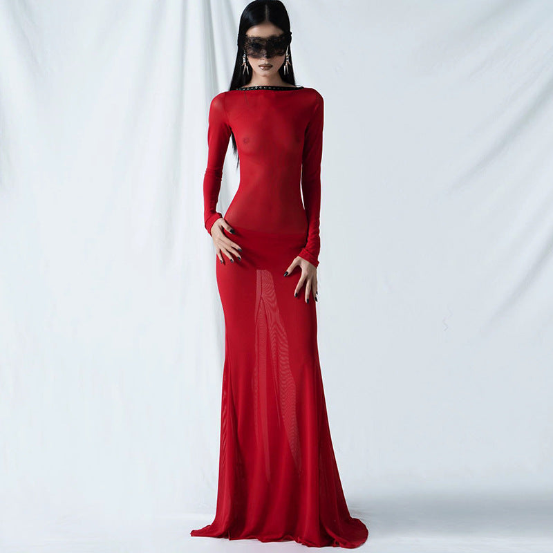 Autumn Women Clothing Sexy Mesh Backless Lace up Long Sleeve Super Maxi Dress for Women Bella Mia