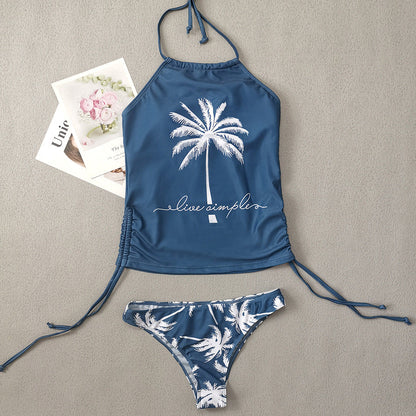 Coconut Tree Printed Lace up Swimsuit Conservative Belly Covering Women Bikini