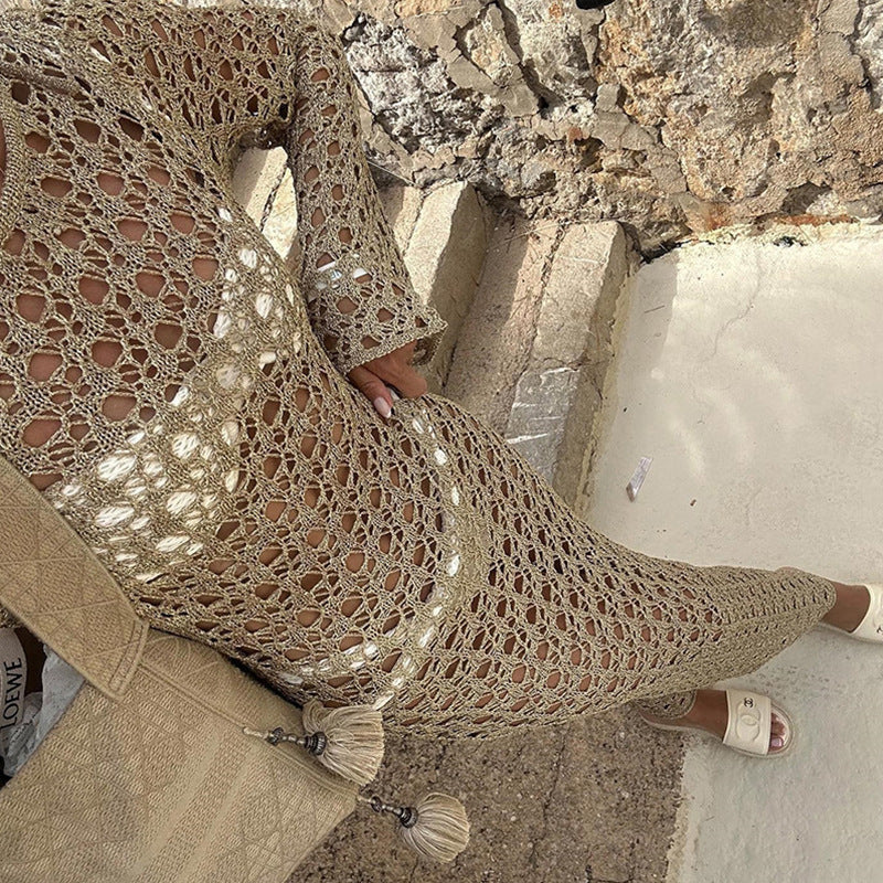 Women Clothes Sexy Hollow Out Cutout Long Sleeved round Neck Maxi Dress Holiday Beach Overskirt Crochet hook Bella Mia