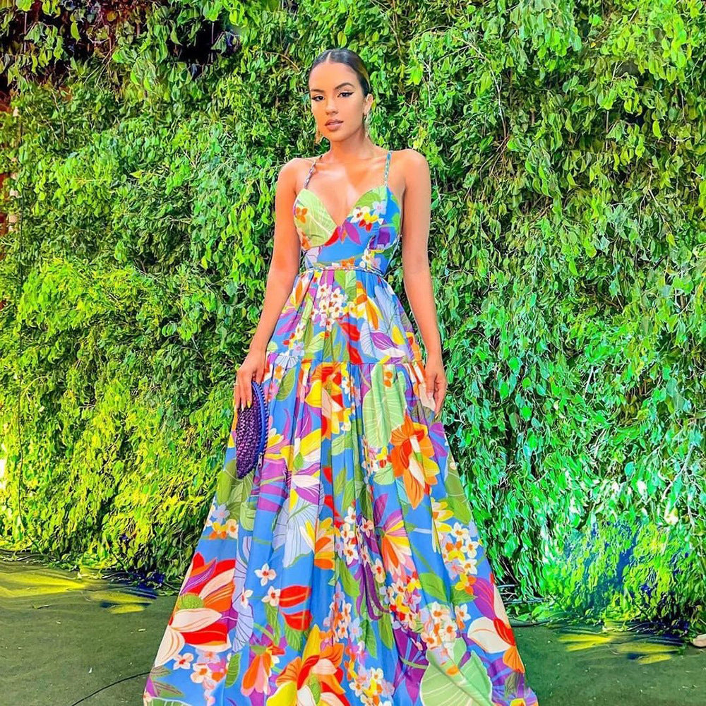 Summer Women Clothing Dress Holiday Floral Print Multi Color off Shoulder Large Swing Sling Long Bella Mia