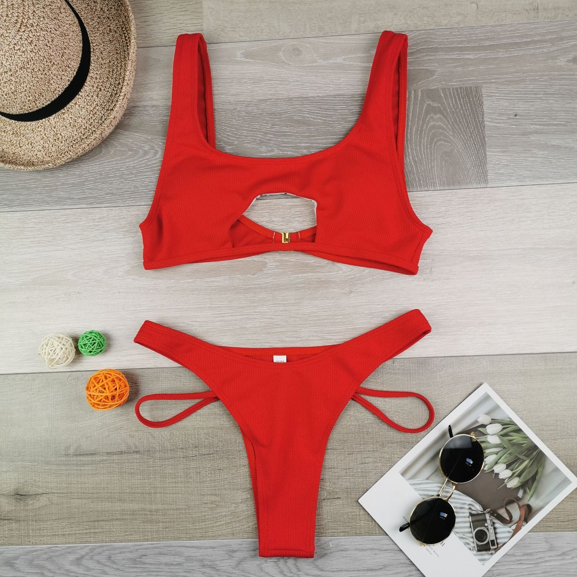Solid Color Split Hollow Out Cutout Snake Fabric Swimsuit Women Sexy Halter Bikini Bella Mia