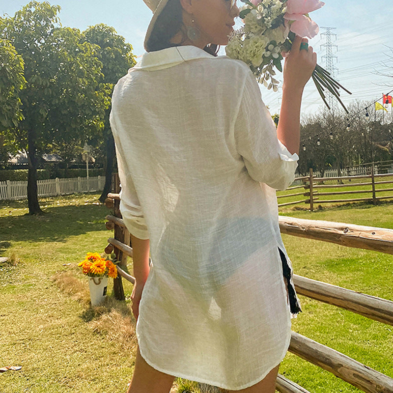 Vacation Sun Protection Coat Solid Color Loose Breathable Casual Long Sleeved Shirt Sun Protection Pullover Blouse Crochet hook Bella Mia