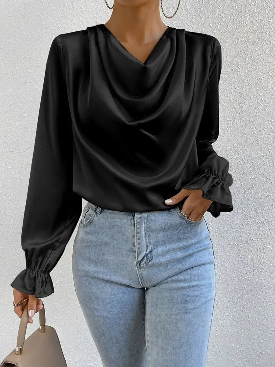 Elegant Panelled Long Sleeve Satin Shirt For Women With Cowl Neck Bella Mia