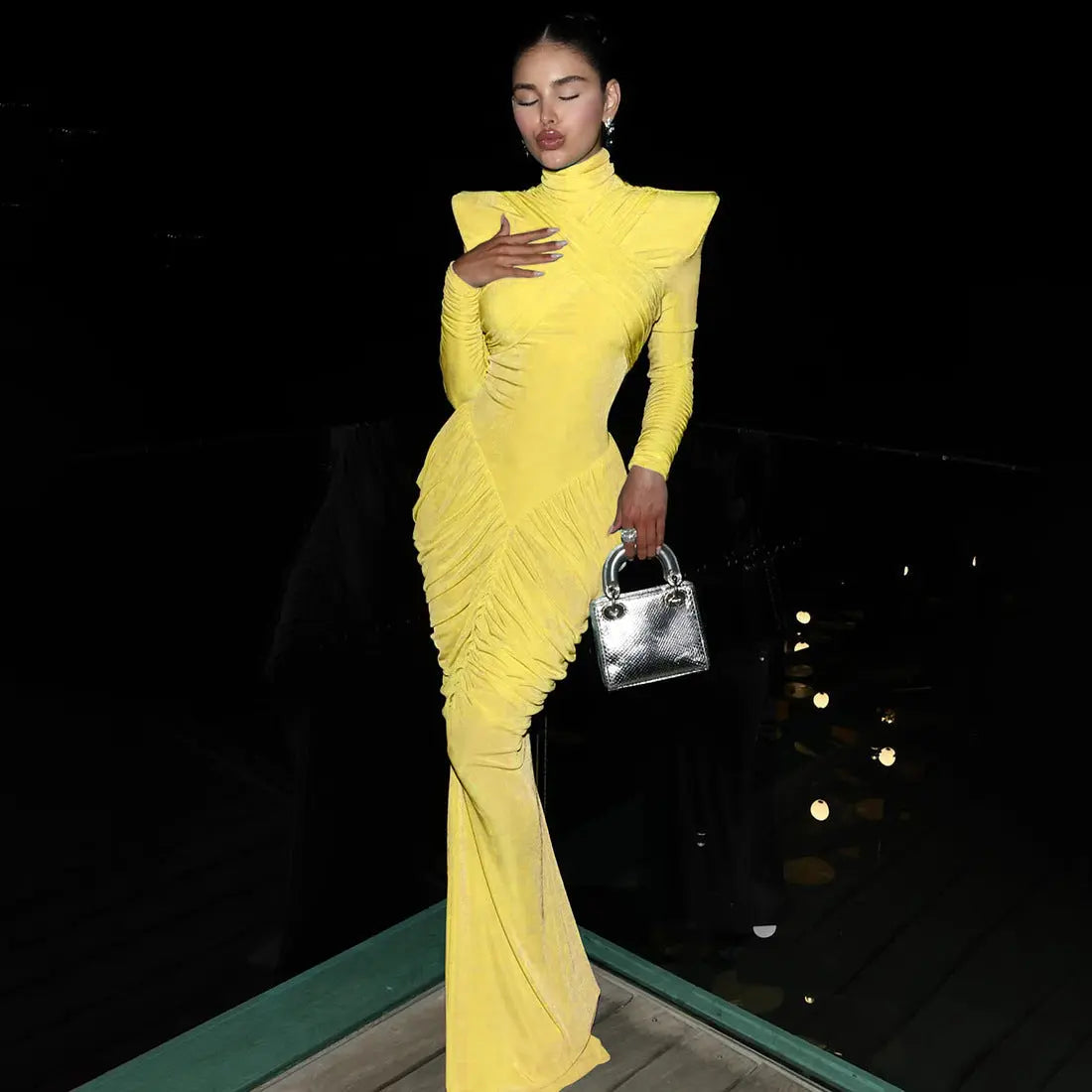 Fall Women Solid Color Backless Turtleneck Pleated Slim Fit Maxi Dress For Party Bella Mia