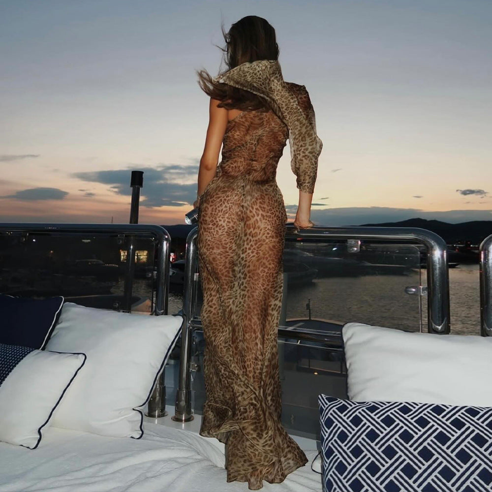 Summer Leopard Print Dress Sexy See through Shoulder Single Sleeve Slim Fit Sexy Dress Bella Mia