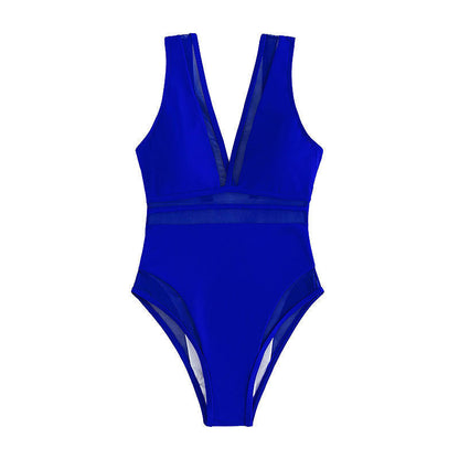 Solid Color Spun Yarn One Piece Swimsuit Women Deep V Plunge Sexy Spring Swimwear
