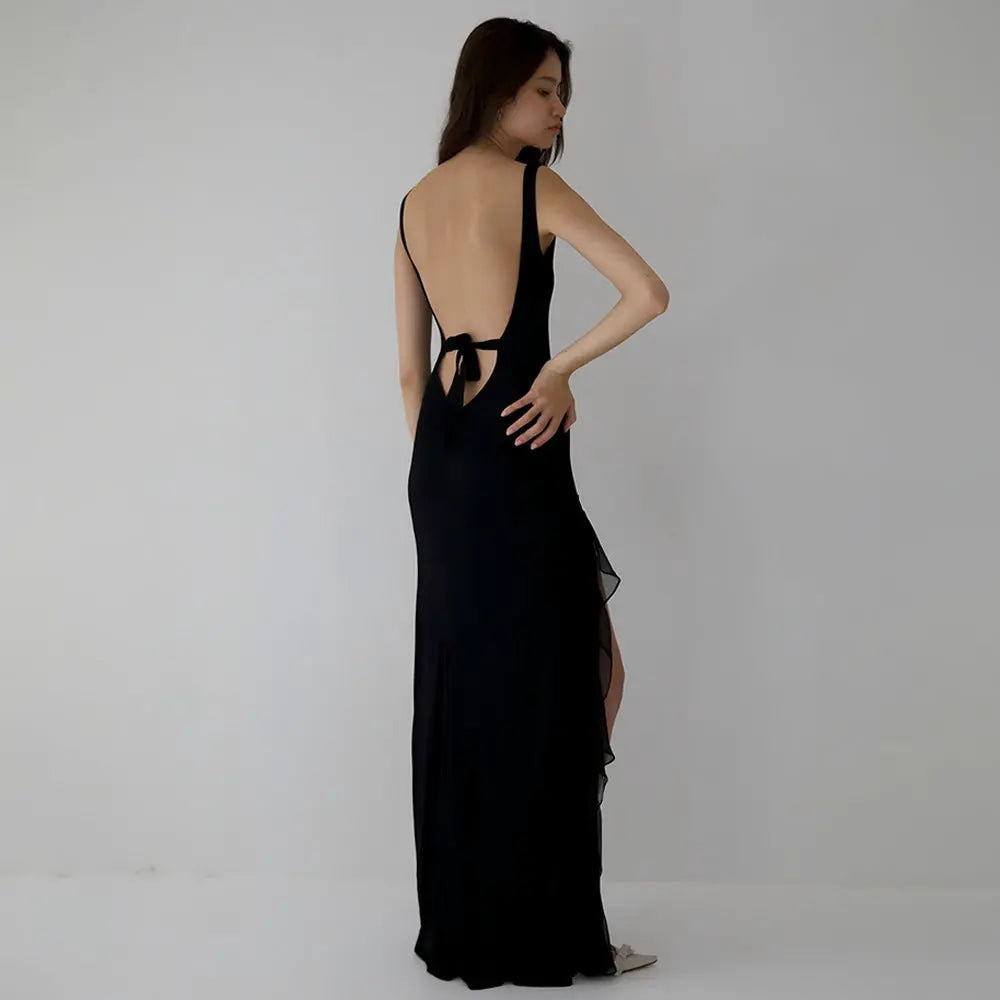 Summer Elegant Ribbon Women Dress Sexy Backless High Slit Ruffled Slim Dress Bella Mia