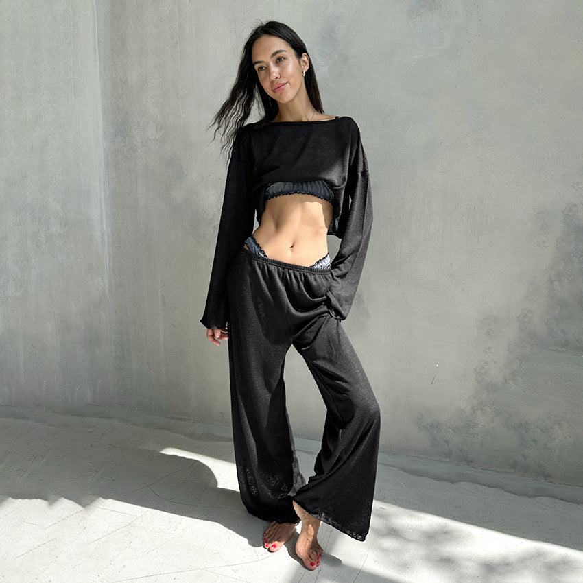 Autumn White Knitted Fabric round Neck Long Sleeved Trousers Pajamas Two Piece Loose Comfortable Ladies Homewear Bella Mia