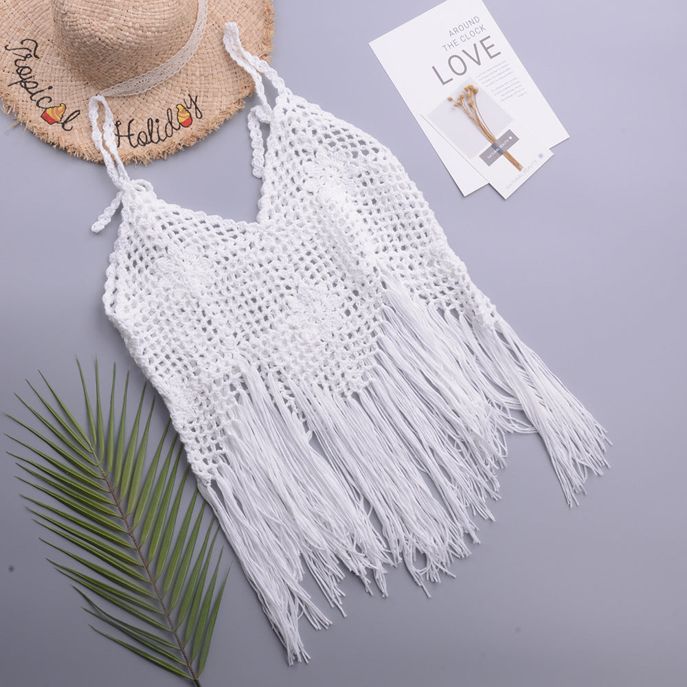 Vacation Beach Tassel Pure Hand Crocheting Woven Split Swimsuit V-neck Lace up Top Women Crochet Bella Mia