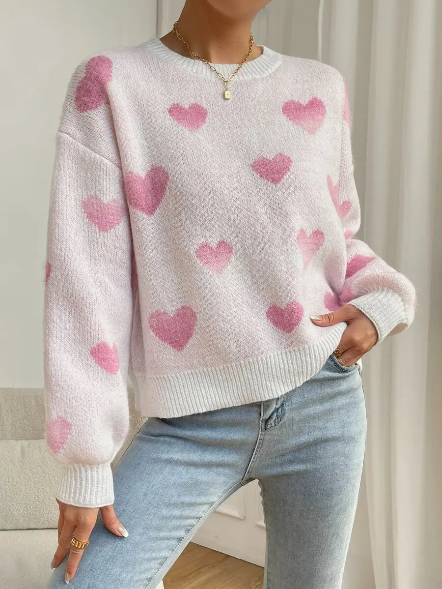Women Autumn Winter Heart Jacquard Knit Sweater Casual Crew Neck Bella Mia