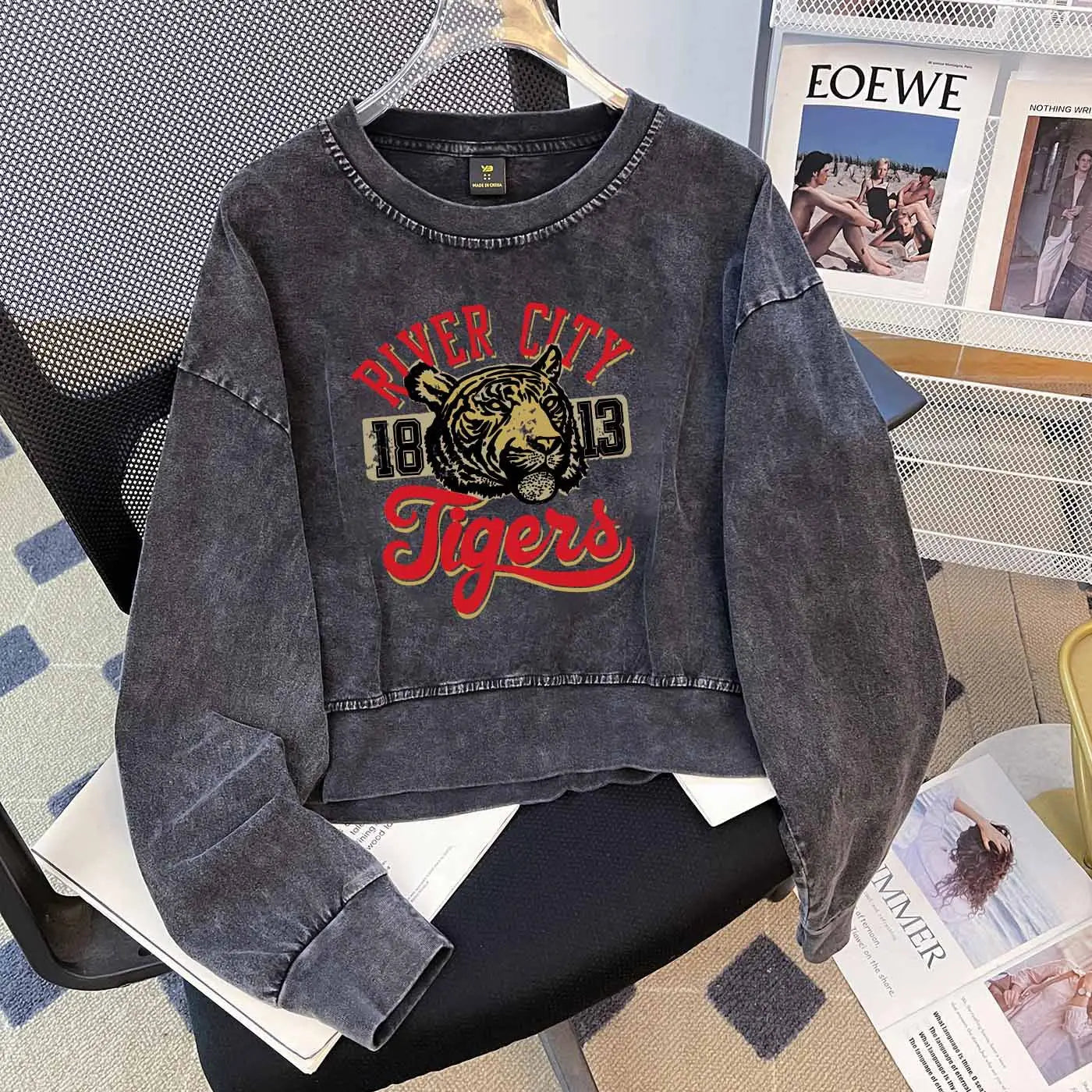 Brand Washed Distressed Loose O neck Short Sweater Niche Washed Vintage Pure Cotton Long T Shirt Trendy Bella Mia