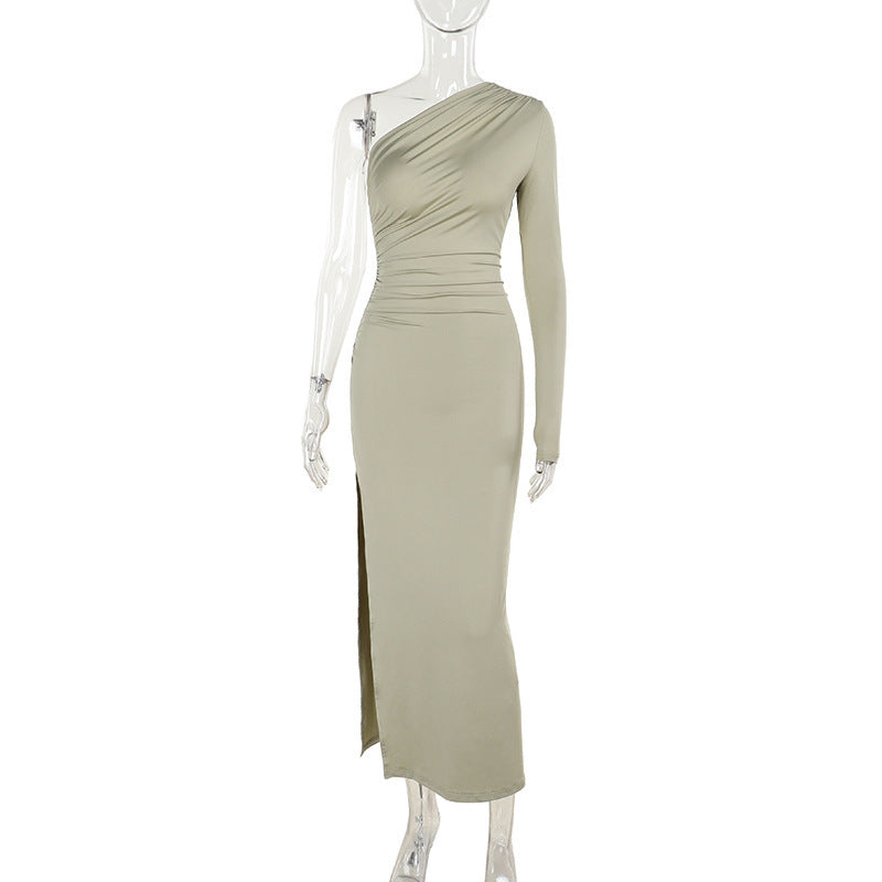 Autumn Elegant Sexy Slim Shoulder Pleated Single Layer Sleeves Dress Women Bella Mia