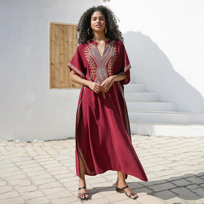 Rayon Embroidered Robe Women Embroidered Vacation Loose Beach Jacket Maxi Dress Beach Cover Up Bella Mia