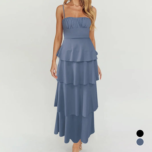 Sexy Backless Suspender Layered Dress Pleated Lace up Slim Fit Dress Bella Mia