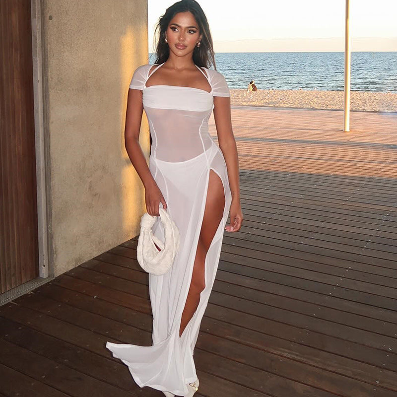 Women Clothing Solid Color Dress Sexy Mesh Stitching Pullover Midi Dress Slit Dress Dress Bella Mia