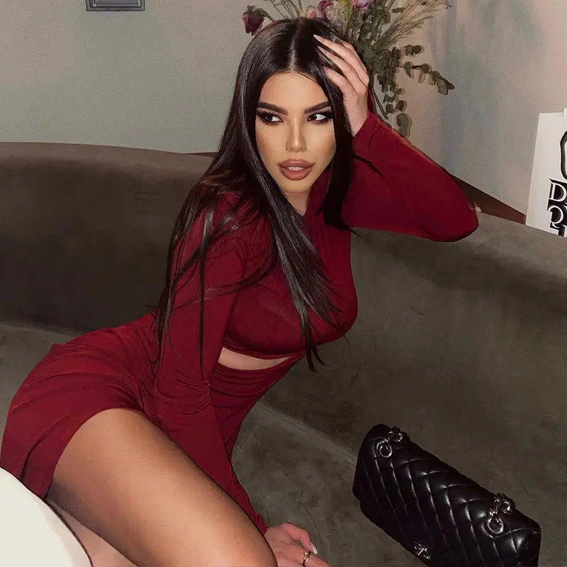 Elegant Women round Neck Long Sleeve Hollow Out Cutout out Split Red Retro Slim Fit Sexy Dress Bella Mia