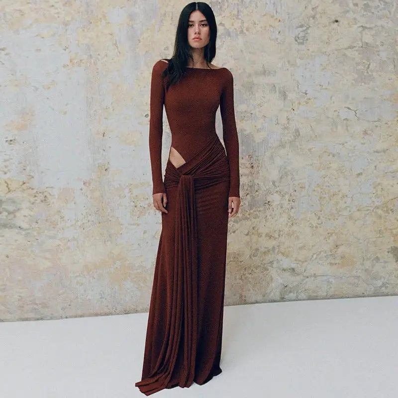 Women Clothing Autumn Solid Color round Neck Long Sleeve Waist Hollow Out Cutout out Strap Slim Maxi Dress Bella Mia