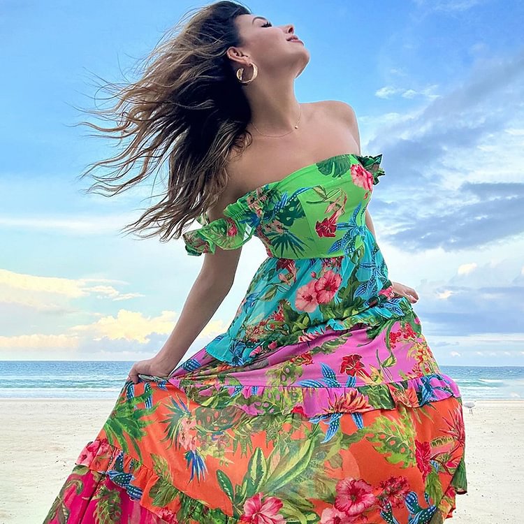 French Flying Sleeve Printed One Piece Swimsuit Women Cake Skirt Bella Mia