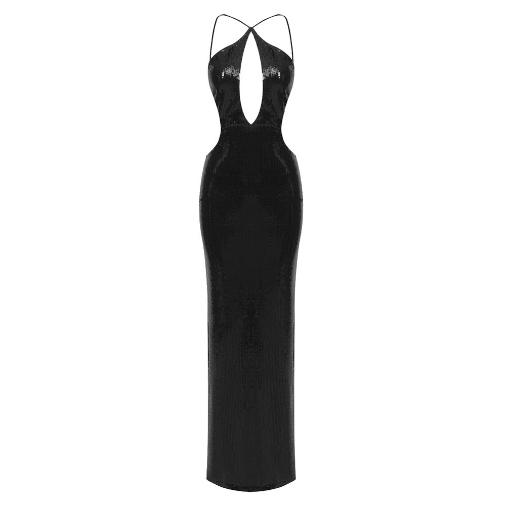 Summer Sexy Nightclub Cutout Halter Backless Sequin Maxi Dress Women Clothing Dress Bella Mia