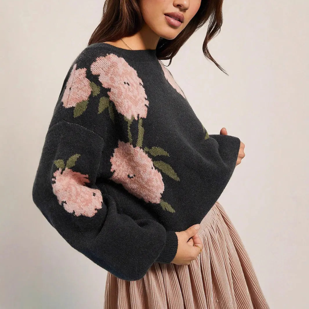 Autumn Winter Sweater Idle Simple Plant Floral round Neck Loose Knitwear Bella Mia