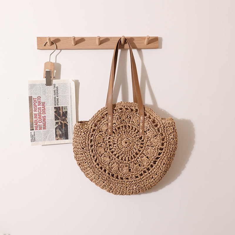 round Straw Bag One Shoulder Portable Hollow Out Cutout out Straw Bag Woven Bag Women Summer Seaside Casual Vacation Beach Bag Bella Mia