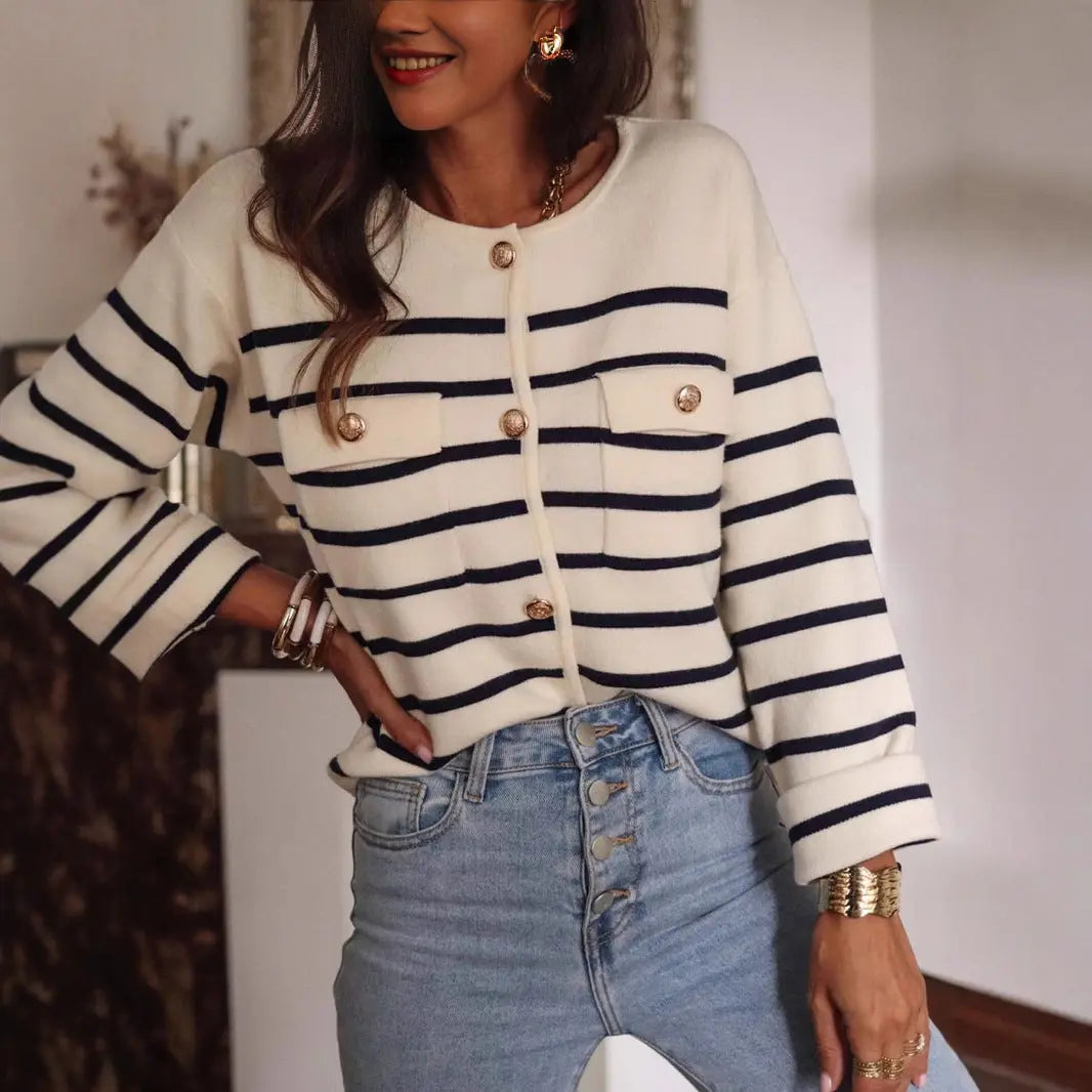 Sweater Autumn Winter Black White Striped Button Knitted Cardigan Casual Long Sleeved Sweater for Women Bella Mia